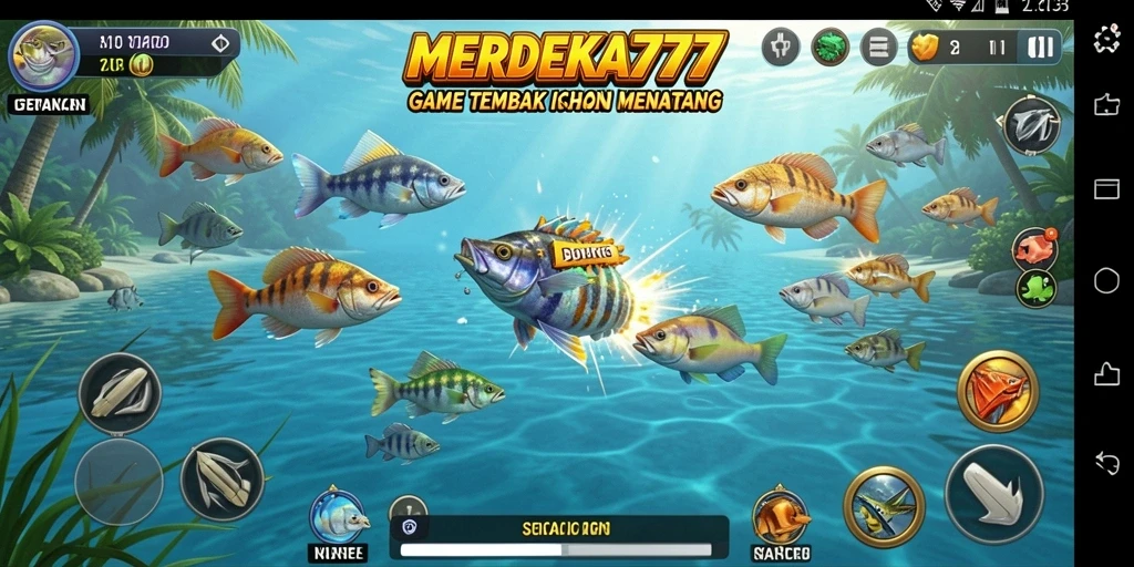 Tampilan gameplay seru dalam MERDEKA777 saat berburu ikan.