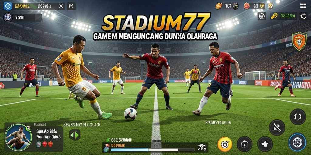 Tangkapan layar gameplay <strong>STADIUM77</strong> menampilkan aksi seru pertandingan sepak bola.
